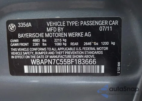 2011 BMW 335D z USA, uszkodzony, nr VIN WBAPN7C55BF183666